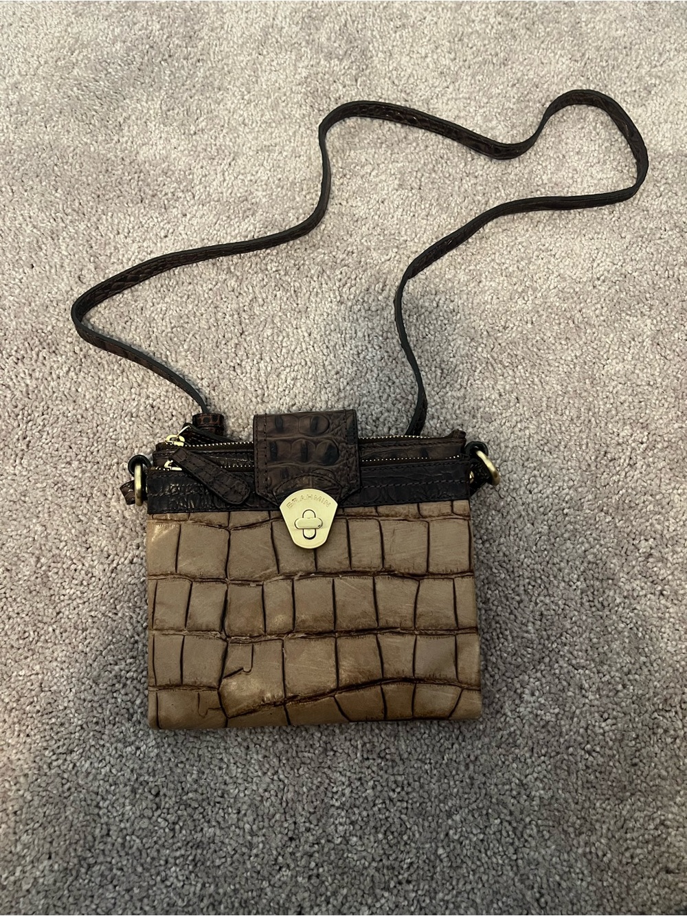Brahmin Taupe and Dark Brown Croc-Embossed Crossbody with Gold Hardware